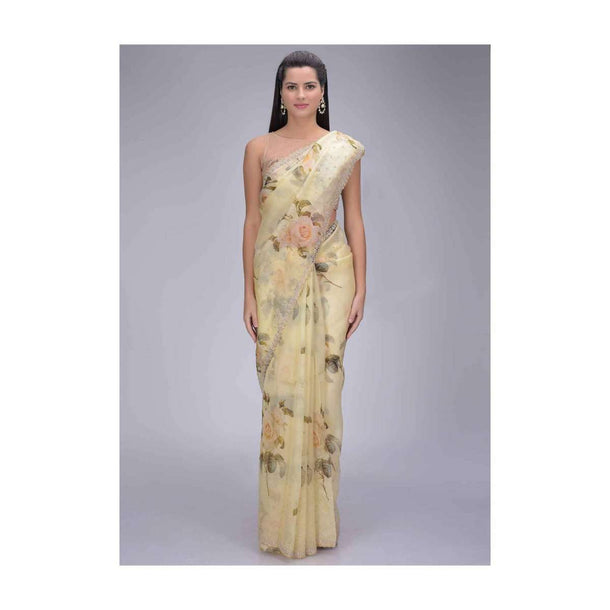 Banana Yellow Organza Saree With Floral Print And Embellished Border Online - Kalki Fashion