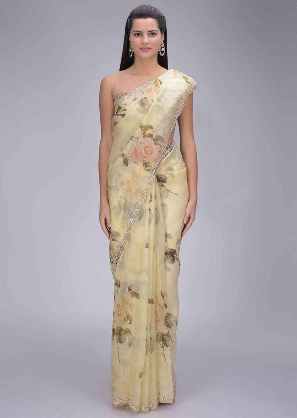 Banana Yellow Organza Saree With Floral Print And Embellished Border Online - Kalki Fashion