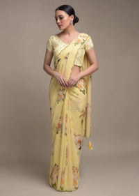 Banana Yellow Saree In Georgette With Floral Print All Over Online - Kalki Fashion