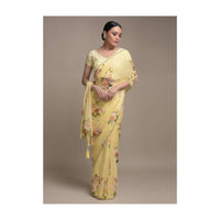 Banana Yellow Saree In Georgette With Floral Print All Over Online - Kalki Fashion