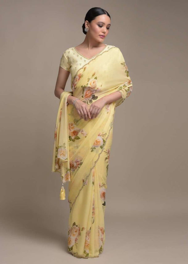 Banana Yellow Saree In Georgette With Floral Print All Over Online - Kalki Fashion