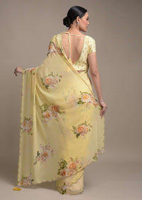 Banana Yellow Saree In Georgette With Floral Print All Over Online - Kalki Fashion