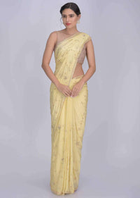 Banana Yellow Saree In Shimmer Georgette Fabric With Matching Embroidery Work Online - Kalki Fashion