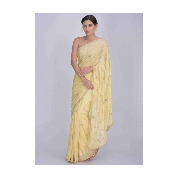 Banana Yellow Saree In Shimmer Georgette Fabric With Matching Embroidery Work Online - Kalki Fashion