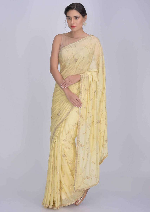 Banana Yellow Saree In Shimmer Georgette Fabric With Matching Embroidery Work Online - Kalki Fashion