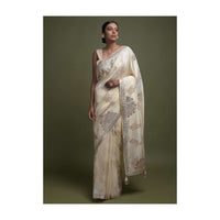 Banana Yellow Saree In Silk Blend With Weaved Floral Motifs And Gotta Patch Embroidery Online - Kalki Fashion