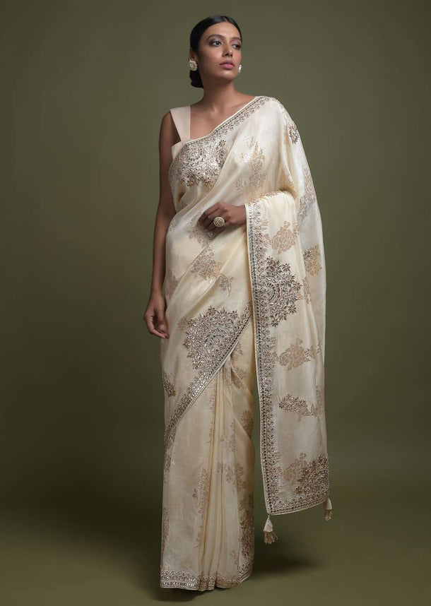 Banana Yellow Saree In Silk Blend With Weaved Floral Motifs And Gotta Patch Embroidery Online - Kalki Fashion