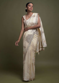 Banana Yellow Saree In Silk Blend With Weaved Floral Motifs And Gotta Patch Embroidery Online - Kalki Fashion