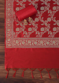 Banarasi Beauty Silk Dress Material Suit Set in Stunning Red with Classic Print