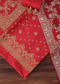 Banarasi Beauty Silk Dress Material Suit Set in Stunning Red with Classic Print