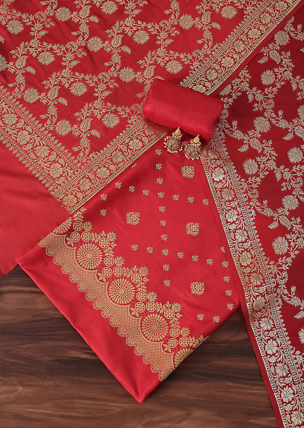 Banarasi Beauty Silk Dress Material Suit Set in Stunning Red with Classic Print