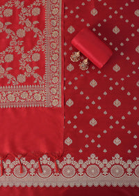 Banarasi Beauty Silk Dress Material Suit Set in Stunning Red with Classic Print