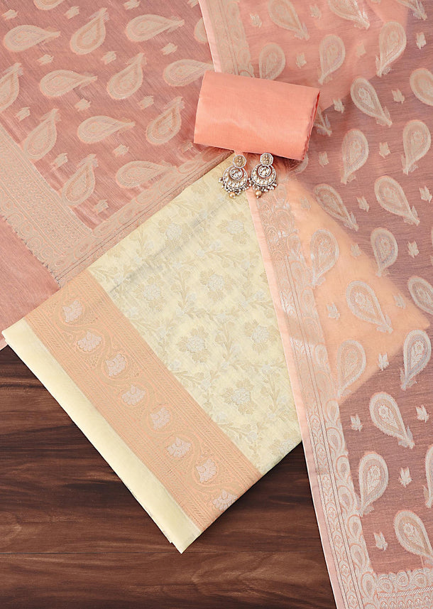 Banarasi Elegance Redefined Peach And Cream Silk Woven Dress Material Suit Set