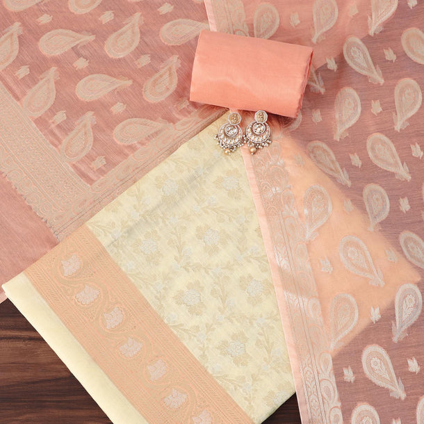 Banarasi Elegance Redefined Peach And Cream Silk Woven Dress Material Suit Set
