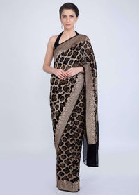 Bandhani printed black saree featured in moroccan motif only on kalki