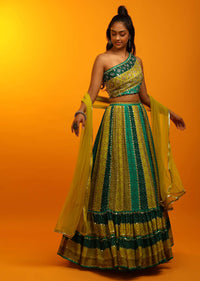 Bandhani Lehenga In Shades Of Green Georgette With Mirror Embroidered One Shoulder Choli