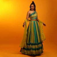 Bandhani Lehenga In Shades Of Green Georgette With Mirror Embroidered One Shoulder Choli