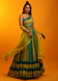 Bandhani Lehenga In Shades Of Green Georgette With Mirror Embroidered One Shoulder Choli