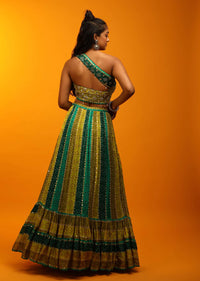 Bandhani Lehenga In Shades Of Green Georgette With Mirror Embroidered One Shoulder Choli