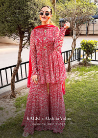 Barberry Red Sharara Suit In Georgette With All Over Print And Churidar Sleeves