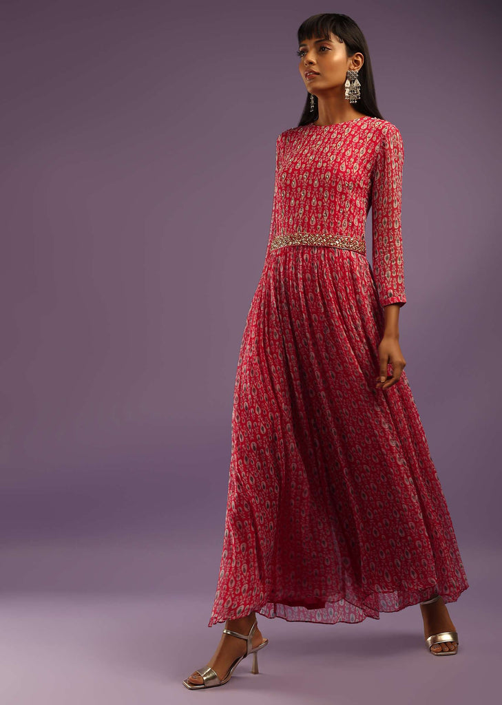 Barberry Red Jumpsuit In Georgette With All Over Print And Zari Highlights On The Bodice