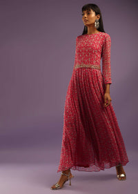 Barberry Red Jumpsuit In Georgette With All Over Print And Zari Highlights On The Bodice