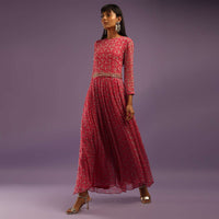 Barberry Red Jumpsuit In Georgette With All Over Print And Zari Highlights On The Bodice