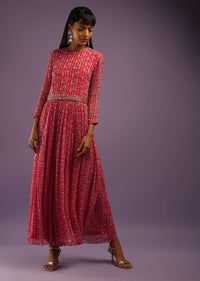 Barberry Red Jumpsuit In Georgette With All Over Print And Zari Highlights On The Bodice