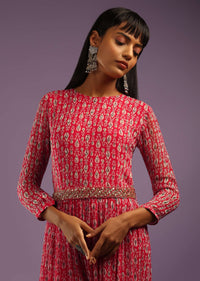 Barberry Red Jumpsuit In Georgette With All Over Print And Zari Highlights On The Bodice