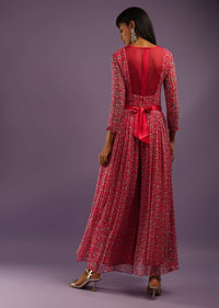 Barberry Red Jumpsuit In Georgette With All Over Print And Zari Highlights On The Bodice