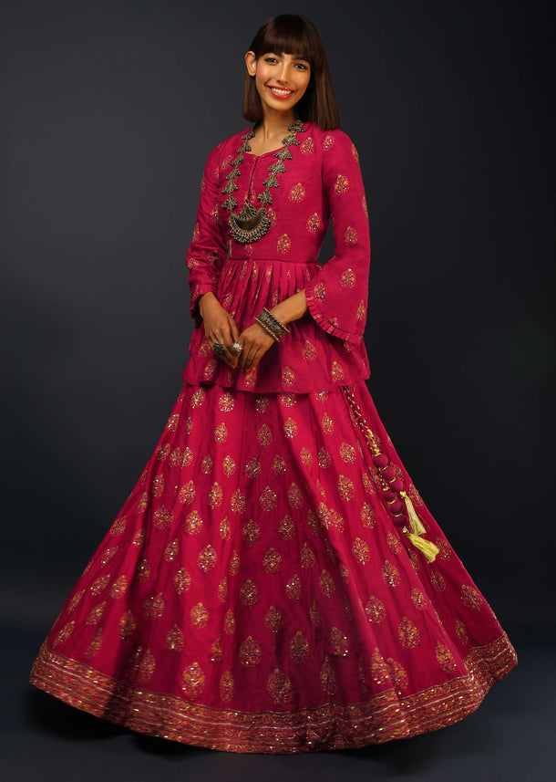 Barberry Red Lehenga In Silk With Printed Leaf Shaped Buttis And Peplum Top