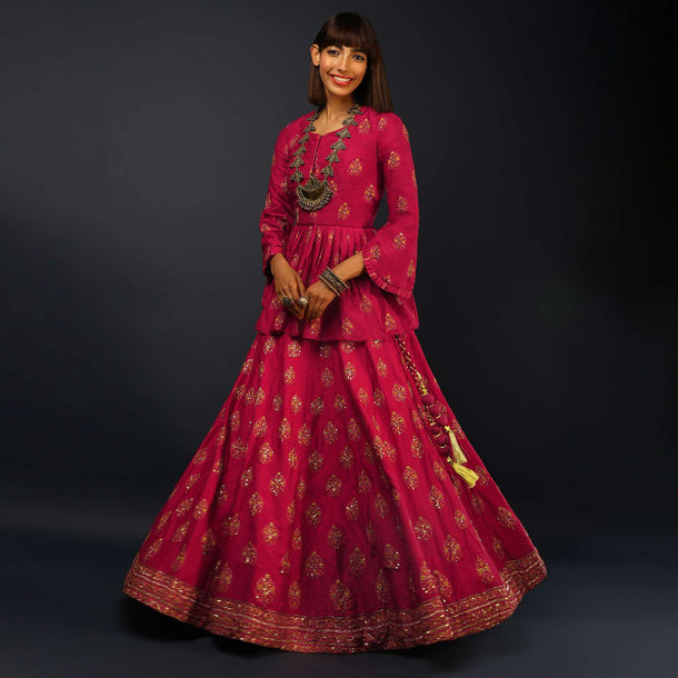 Barberry Red Lehenga In Silk With Printed Leaf Shaped Buttis And Peplum Top