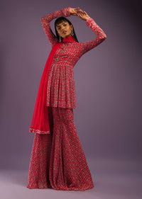 Barberry Red Sharara Suit In Georgette With All Over Print And Churidar Sleeves