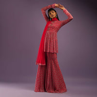 Barberry Red Sharara Suit In Georgette With All Over Print And Churidar Sleeves