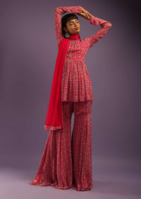 Barberry Red Sharara Suit In Georgette With All Over Print And Churidar Sleeves