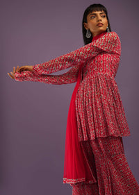 Barberry Red Sharara Suit In Georgette With All Over Print And Churidar Sleeves