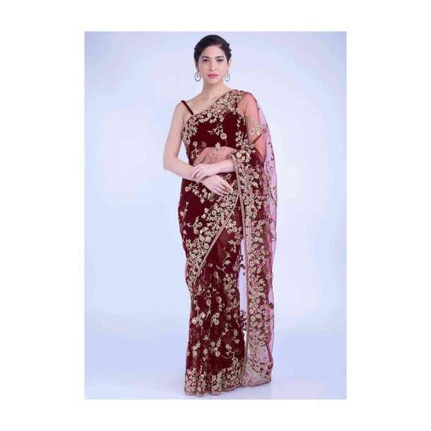 Barn red embellished net saree with matching blouse piece only on Kalki