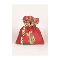 Barn Red Potli Bag In Silk And Brocade With Floral Pattern Online - Kalki Fashion