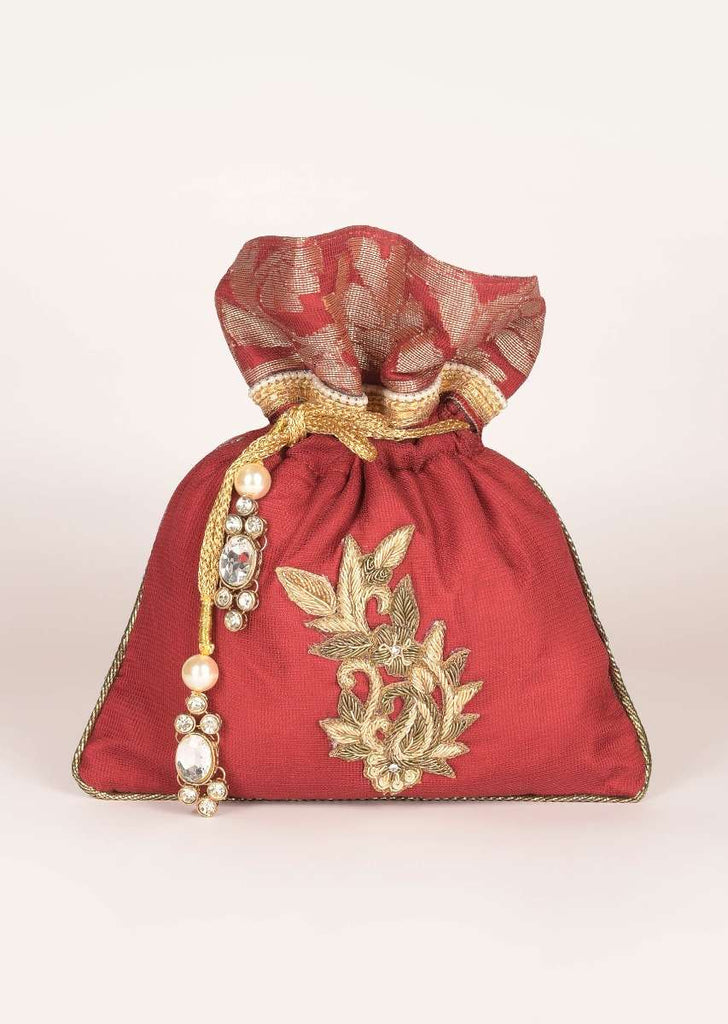 Barn Red Potli Bag In Silk And Brocade With Floral Pattern Online - Kalki Fashion