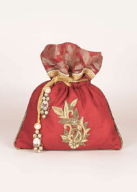 Barn Red Potli Bag In Silk And Brocade With Floral Pattern Online - Kalki Fashion