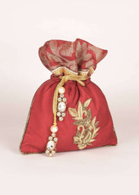 Barn Red Potli Bag In Silk And Brocade With Floral Pattern Online - Kalki Fashion