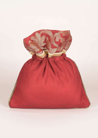 Barn Red Potli Bag In Silk And Brocade With Floral Pattern Online - Kalki Fashion