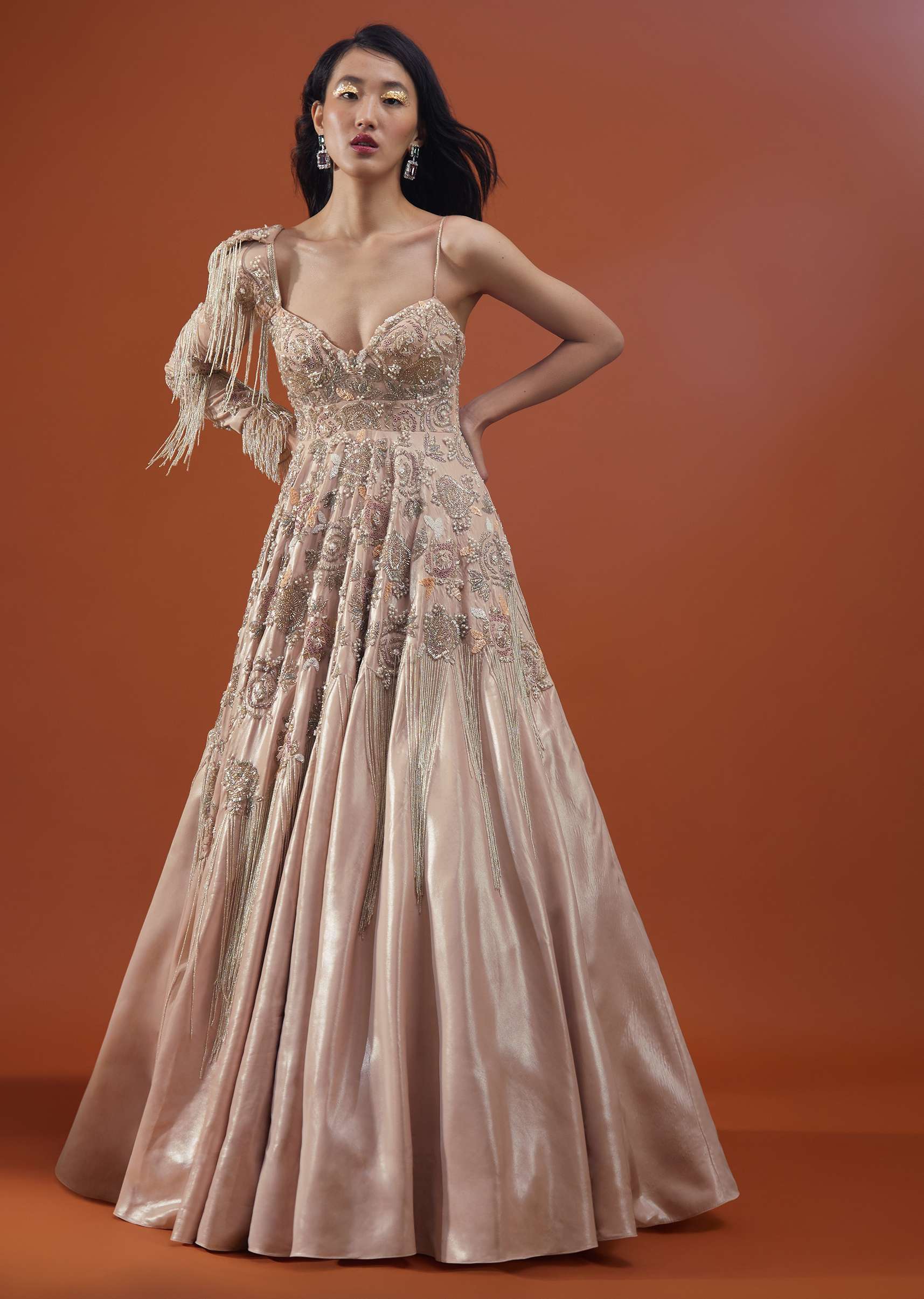 Tan Brown Gown In With Embellished Sleeve - NOOR 2022