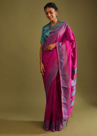 Baton Rouge Purple Saree In Tussar Silk With Multi Colored Thread Embroidered Abstract Design On The Pallu