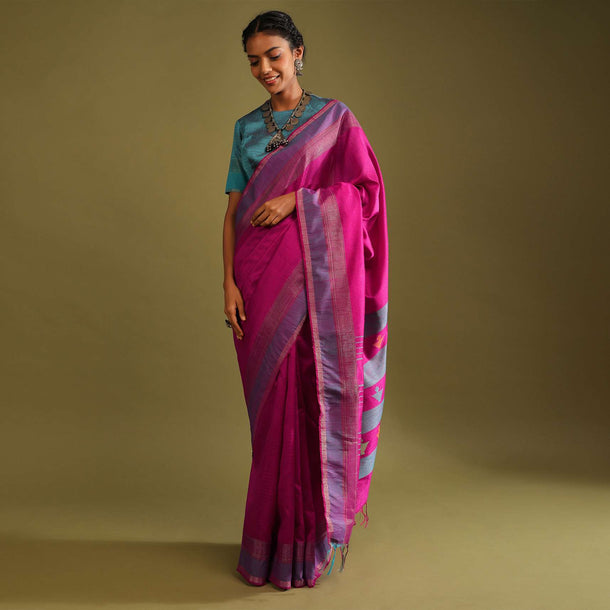 Baton Rouge Purple Saree In Tussar Silk With Multi Colored Thread Embroidered Abstract Design On The Pallu