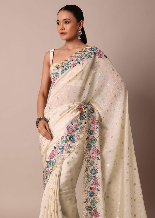 Beautiful Beige Saree Adorned With Resham Thread Work