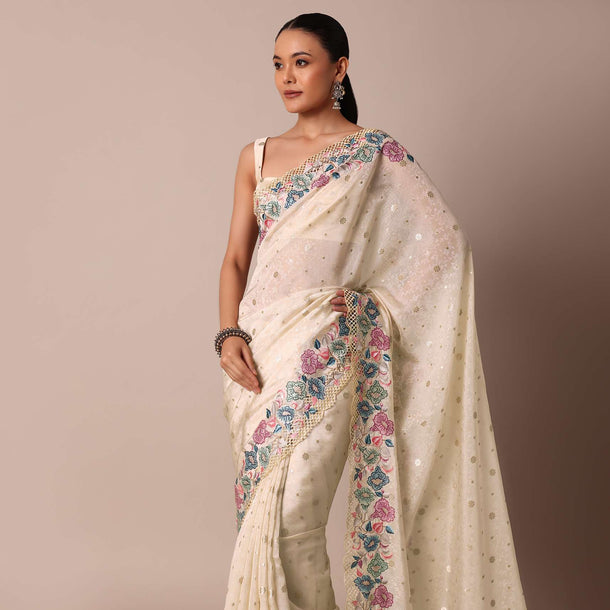 Beautiful Beige Saree Adorned With Resham Thread Work