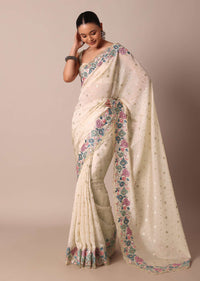 Beautiful Beige Saree Adorned With Resham Thread Work