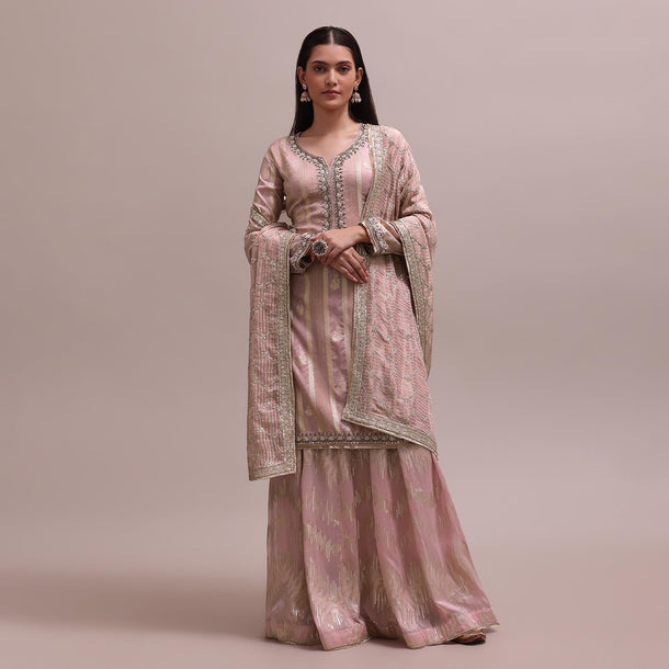 Beautiful Peach Stripe Embroidered Kurta With Organza Skirt And Lace Dupatta