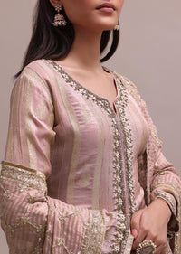 Beautiful Peach Stripe Embroidered Kurta With Organza Skirt And Lace Dupatta